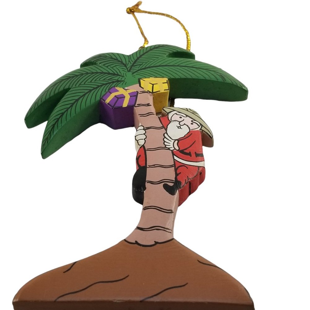 Santa Climbing Coconut Palm Tree Christmas Wooden Holiday Ornament